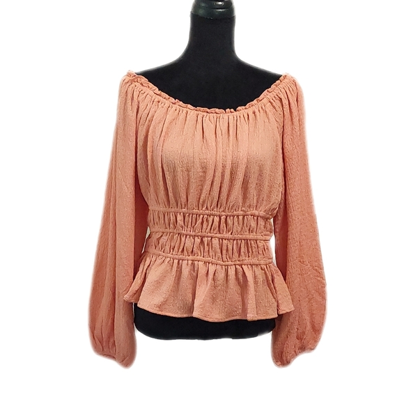 Womens Còral Orange Smocked Peplum Long Sleeve Top Size M Easle - Picture 2 of 8